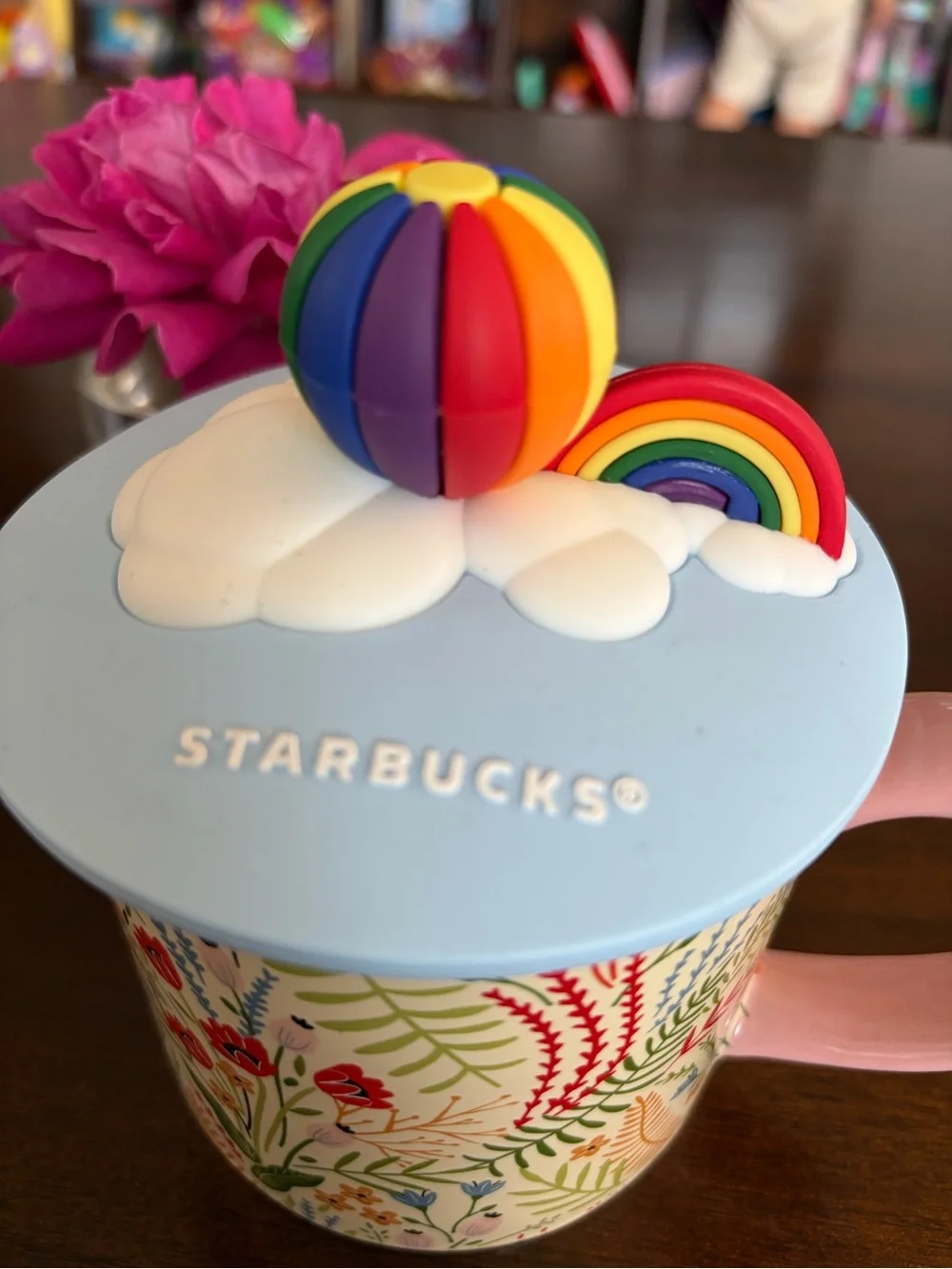 Starbucks Pastel Blue Floral Mug with Rainbow Silicone Topper